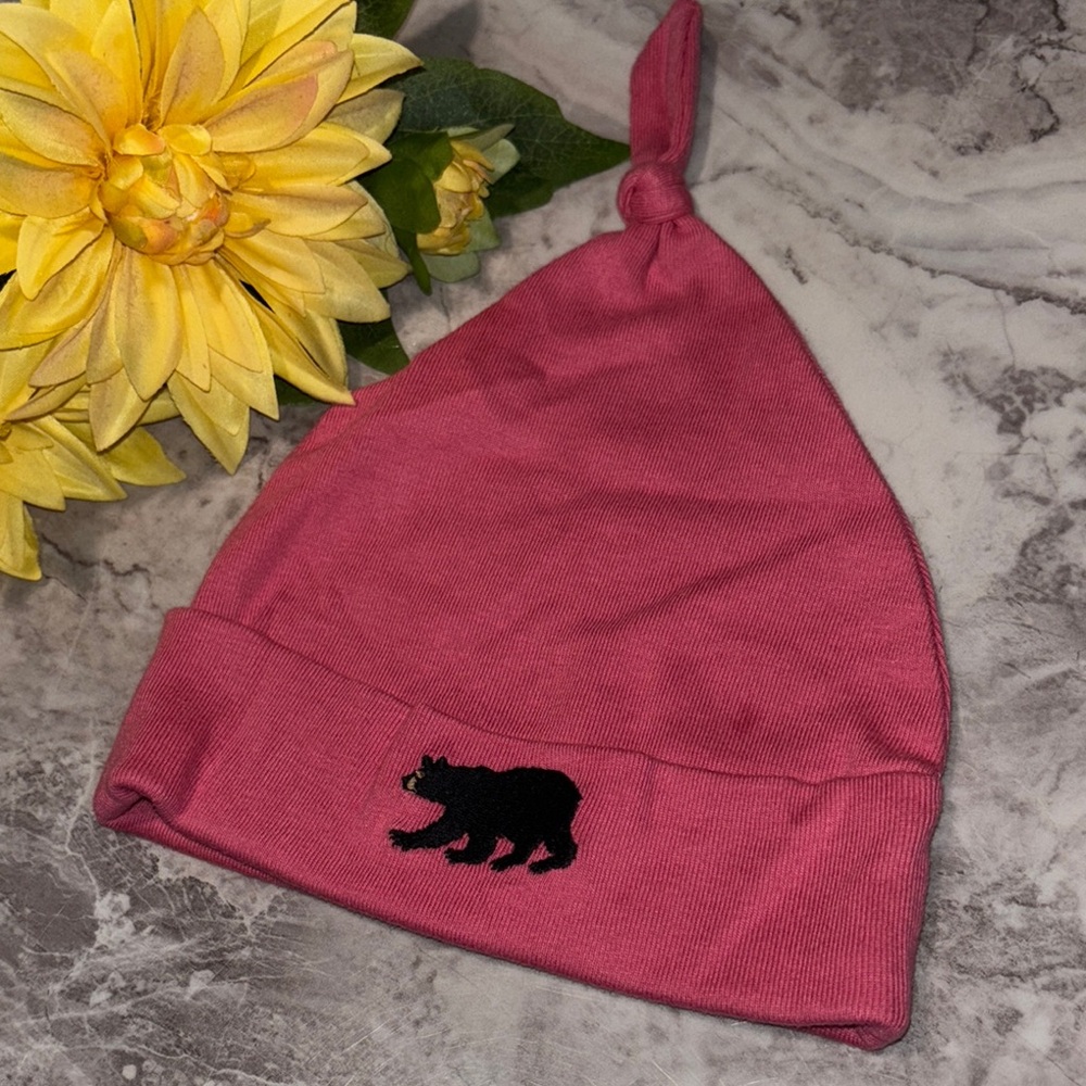 Pink Knotted Kids Beanie with Bear Design